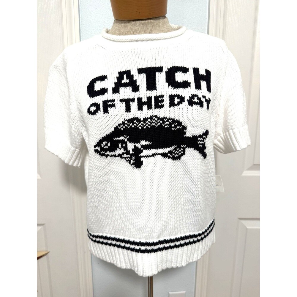Womens Sz L White Mock Neck Catch Of The Day Fish Nautical Short Sleeve Sweater
